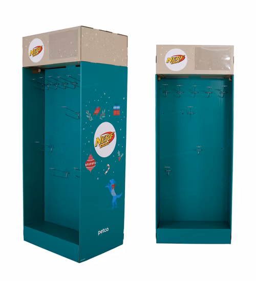 Présentoir d'acolyte en carton d'impression bleu au sol pour fournitures pour animaux de compagnie